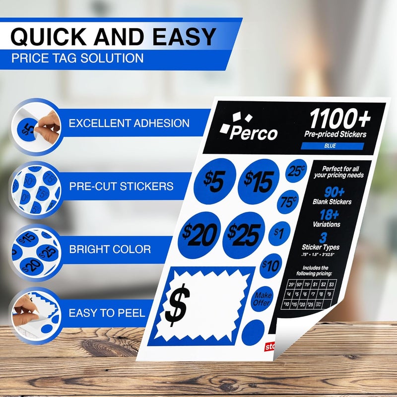 Perco Garage Price Stickers - 28 Sheets, 1,100 Pre-Priced & Blank Blue Stickers - Easy-to-Read Price Tags for Effective Pricing Ideal for Yard Sales, Flea Markets, County Fairs & Retail Use - Image 5
